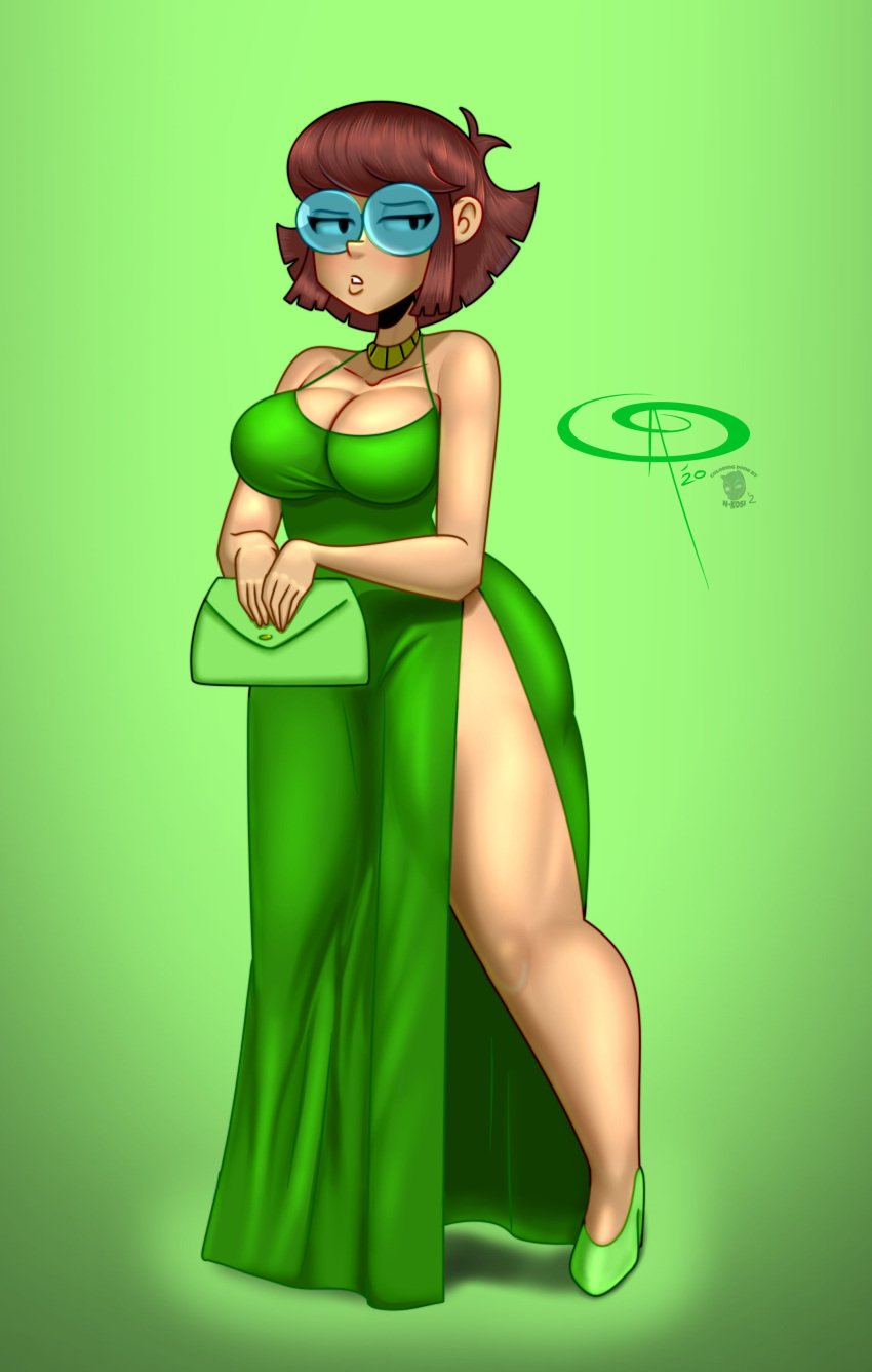 aged_up big_breasts blush brown_hair brunette cleavage dress female female_only frostbiteboi glasses green_dress lisa_loud n-kosi n-kosi_(coloring) necklace nickelodeon purse side_slit slit_dress solo solo_female solo_focus the_loud_house thicc-verse thick_thighs wide_hips