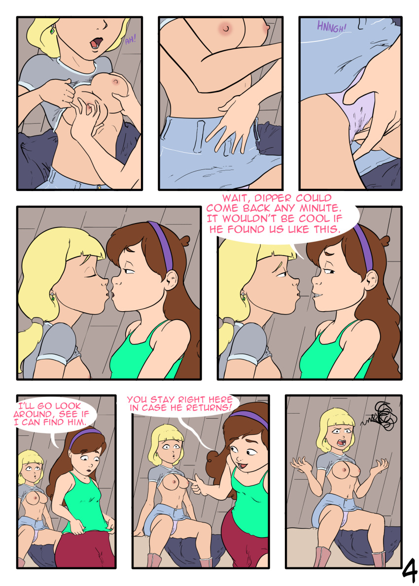 2girls aged_up bisexual_(female) blonde_hair breasts_out brown_hair comic english_text fondling_breast gravity_falls groping_breasts mabel_pines multiple_girls pacifica_northwest page_4 ponytail sealedhelm skirt_up speech_bubble straight_hair wet_panties