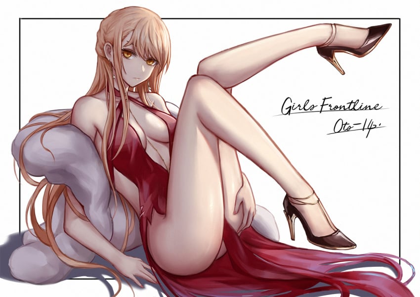 ass bangs bare_shoulders black_footwear blonde_hair breasts cleavage dress earrings female girls'_frontline high_heels jewelry long_hair looking_at_viewer official_alternate_costume ots-14_(girls'_frontline) red_dress selcky sitting sleeveless sleeveless_dress solo yellow_eyes