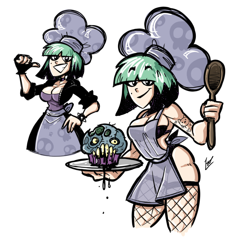 apron baker bakery chef_hat cooking cupcake female female_only goth goth_girl gothic oc original_character pale-skinned_female pale_skin sandmano_(artist) teenager underwear zombie