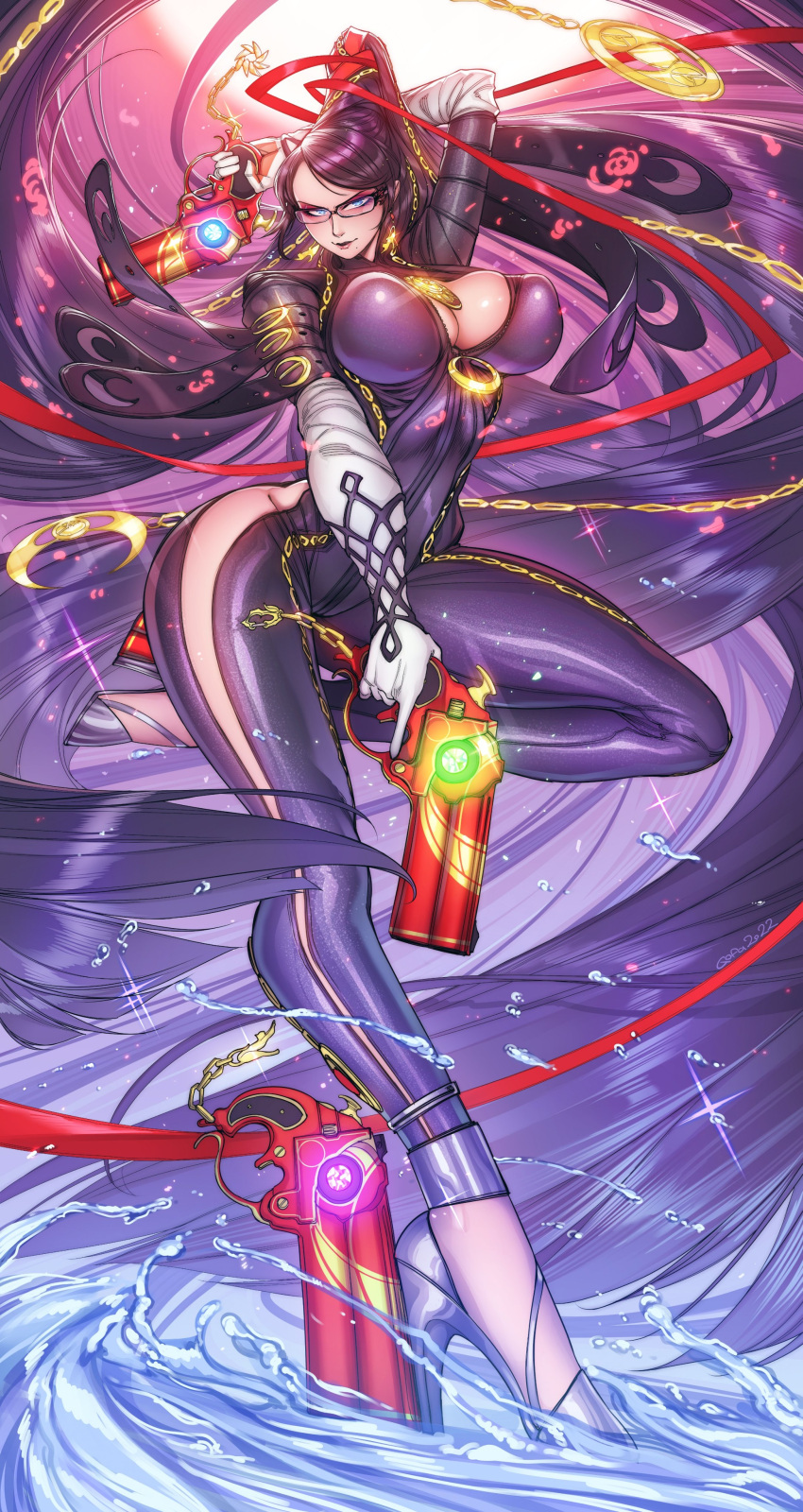 1girls accessory bayonetta bayonetta_(character) beauty_mark big_breasts black_hair blue_eyes bodysuit breasts cleavage clothing ear_piercing earrings female female_only glasses gofa gun guns handgun heels jewelry large_breasts long_hair looking_at_viewer piercing pistol pistols smile solo thick_thighs water weapon weapons wide_hips