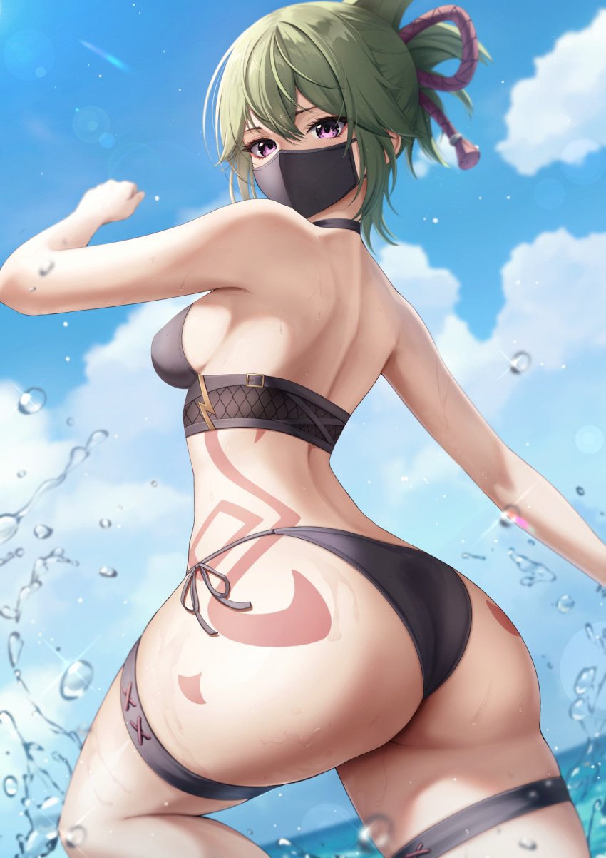 ass ass_tattoo beach big_ass big_butt bikini black_bikini breasts choker fat_ass female from_behind genshin_impact green_hair hi_res kuki_shinobu looking_at_viewer marinesnow mask mihoyo ninja purple_eyes sideboob tattoo thick_thighs wet