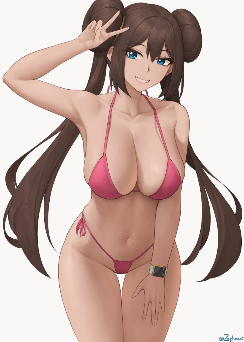 1girls 2022 aged_up bikini blue_eyes breasts brown_hair cleavage female female_only hips huge_breasts long_hair looking_at_viewer nintendo pink_bikini pokemon pokemon_bw2 rosa_(pokemon) simple_background slim_waist smile thick_thighs thighs twin_buns twintails white_background wide_hips zaphn