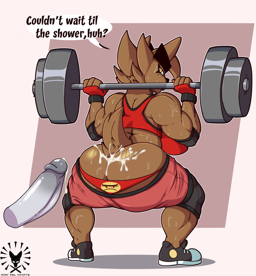 absurd_res anthro ass athletic athletic_anthro athletic_female athletic_wear back_boob barbell barbell_squats big_breasts big_butt black_eyebrows black_nose bodily_fluids bottomwear breasts brown_body brown_fur canid canine canis clothing coyote crop_top crouching cum dialogue disembodied_penis elbow_pads english_text exercise eyebrows eyelashes female fingerless_gloves footwear fur genital_fluids genitals gloves gym_bottomwear gym_clothing gym_shorts handwear hi_res huge_breasts huge_butt logo looking_back male male/female mammal muscular muscular_female penis raised_tail shirt shoes shorts sneakers solo speech_bubble squatting_position sweat sweatdrop tail_tuft text thick_eyebrows topwear tuft underwear yellow_eyes