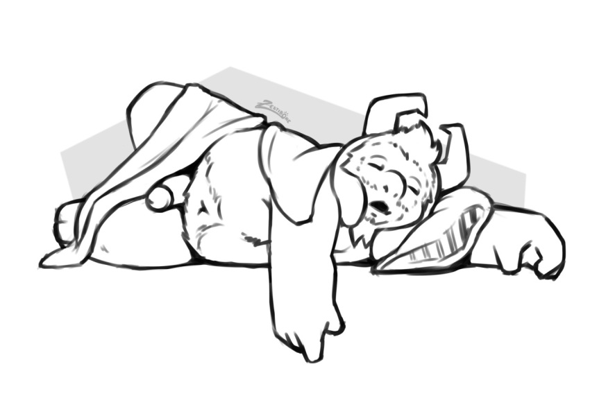 2d 2d_(artwork) anthro asgore_dreemurr beard black_and_white blonde_hair dilf facial_hair flaccid_penis furry goat horn horns laying_on_bed male male_only muscled muscular_male naked penis showing_penis sleeping undertale undertale_(series) white_fur zestibone