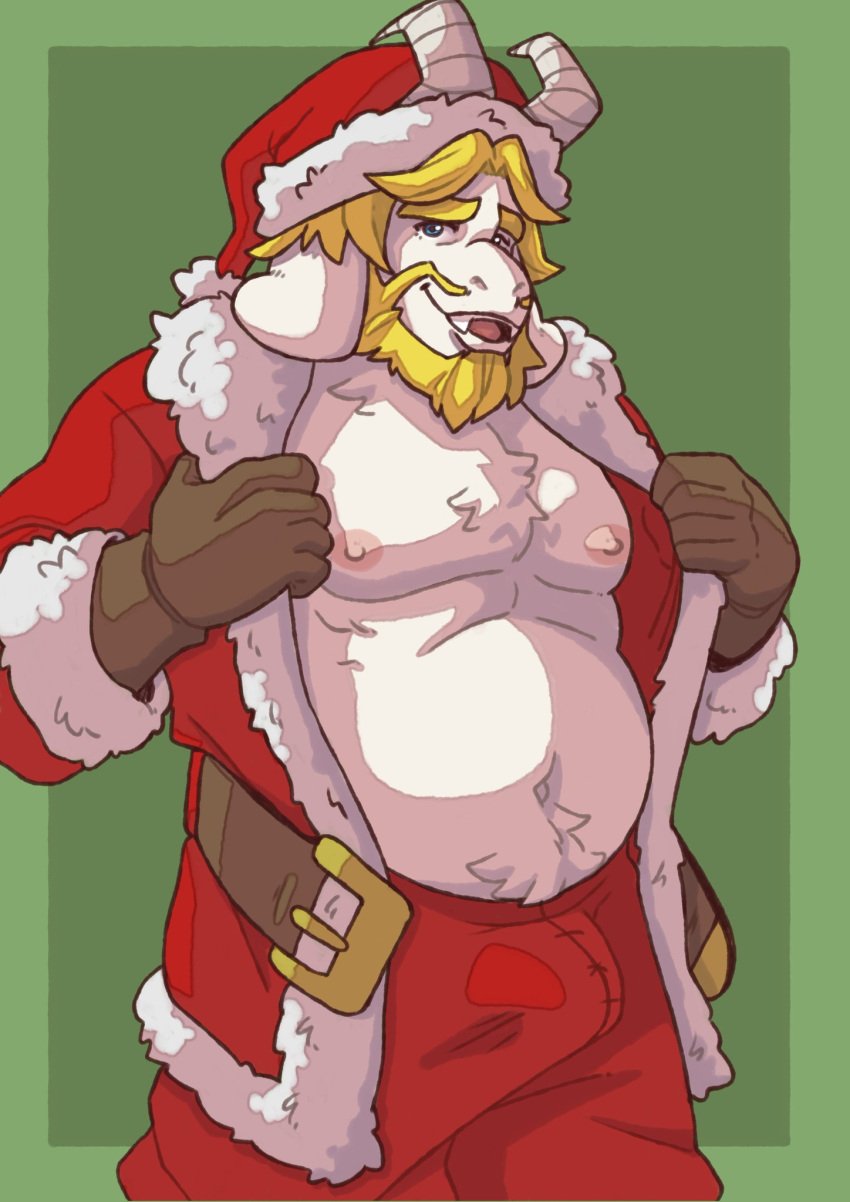 1boy 2021 2d 2d_(artwork) anthro asgore_dreemurr beard blonde_hair blue_eyes bulge bulge_through_clothing christmas clothes clothing color colored dilf facial_hair furry goat hair horn horns male male_only muscled muscular_male nipples puri_porn purico santa_costume simple_background solo standing undertale undertale_(series) white_fur