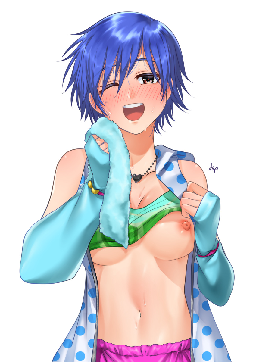 absurdres blue_hair blush collar dance_dance_revolution highres igarashimw midriff one_eye_closed open_mouth short_hair smile toshiba_emi towel white_background yellow_eyes