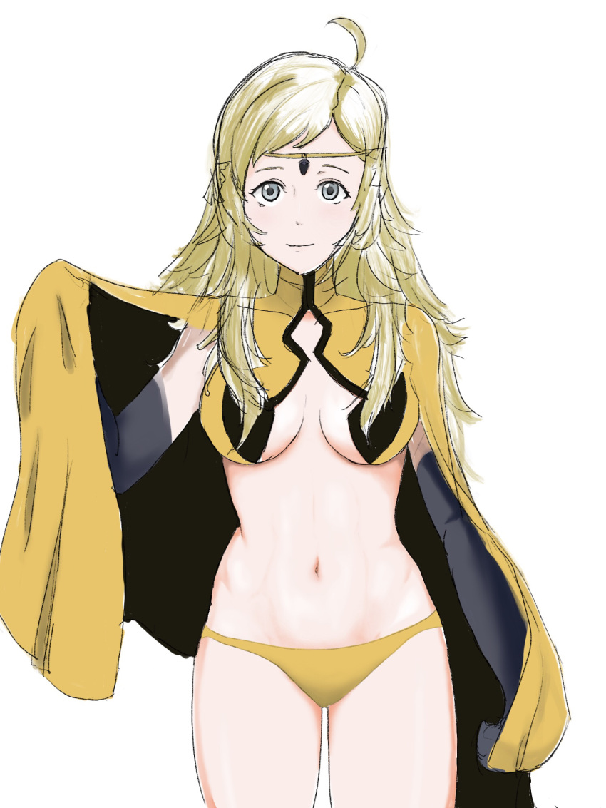 1girls ahoge bangs blonde_hair breasts cape circlet closed_mouth fee female female_only fire_emblem fire_emblem_fates highres long_hair looking_at_viewer medium_breasts navel nintendo ophelia_(fire_emblem) panties parted_bangs solo turtleneck underwear upper_body yellow_panties