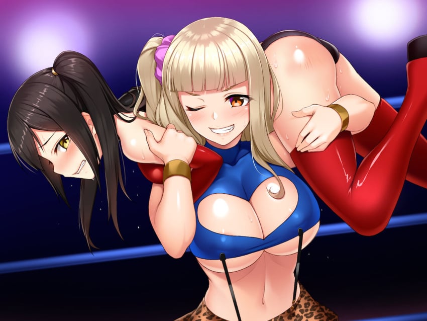 2girls blush carrying catfight embarrassing fun humiliating lifting lifting_person multiple_girls ring skirt twintails wrestling yuri