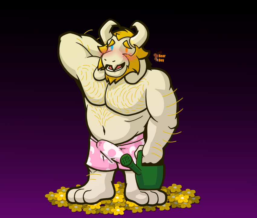 1boy 2021 2d 2d_(artwork) 3_toes anthro asgore_dreemurr beard blonde_hair color colored dilf erect_penis erection erection_under_clothes facial_hair furry goat heterochromia horn horns lewdbearboy male male_only muscle muscled muscles muscular muscular_male simple_background solo solo_male standing undertale undertale_(series) underwear white_fur