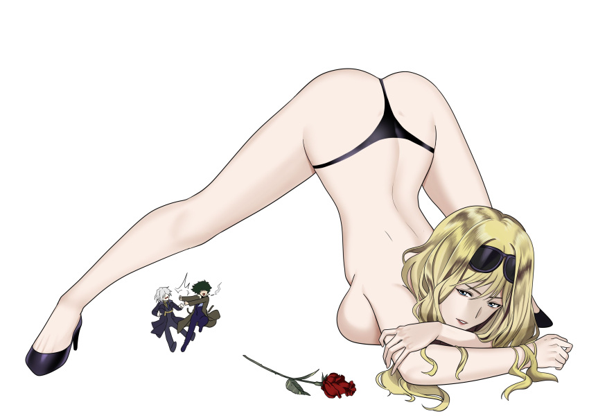 amber_jin ass ass_up bangs blonde_hair blue_eyes breasts cowboy_bebop curls female g-string green_hair grey_hair heels high_heels jack-o_pose julia_(cowboy_bebop) naked naked_footwear naked_heels nude rose sideboob spike_spiegel vicious_(cowboy_bebop) white_background