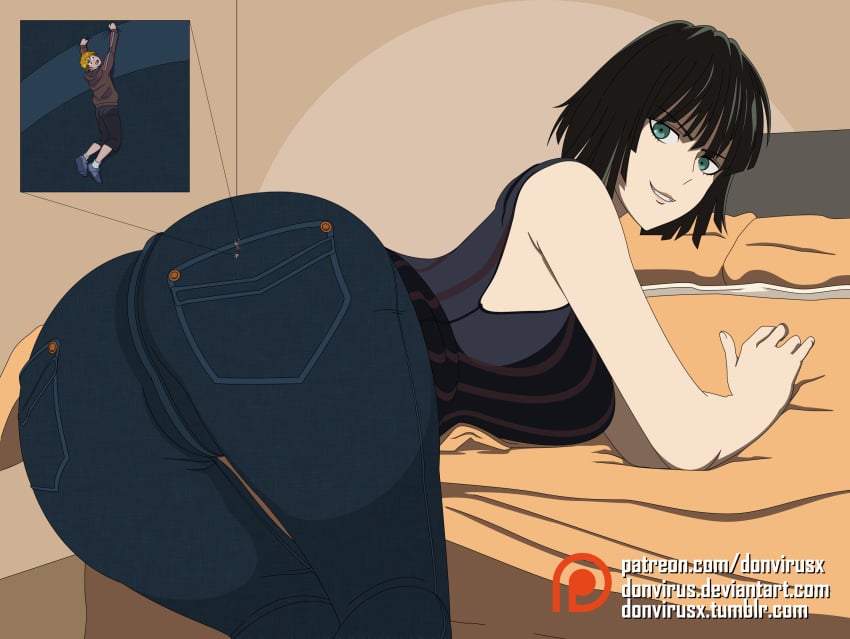 1girls ass ass_focus bangs bed bending_over bent_over big_ass big_breasts bob_cut breasts bubble_ass bubble_butt busty butt butt_focus clothed clothing dark_green_hair dark_hair dat_ass denim female female_focus fringe fubuki_(one-punch_man) giantess green_eyes green_hair jeans larger_female legs legs_together light-skinned_female light_skin lips lipstick looking_at_another lying lying_on_bed macrophilia male male/female medium_hair nightingale_(artist) on_bed one-punch_man pants shirt short_hair sideboob smaller_male smile smiling smiling_at_another smirk taller_girl thick thick_ass thick_thighs thighs