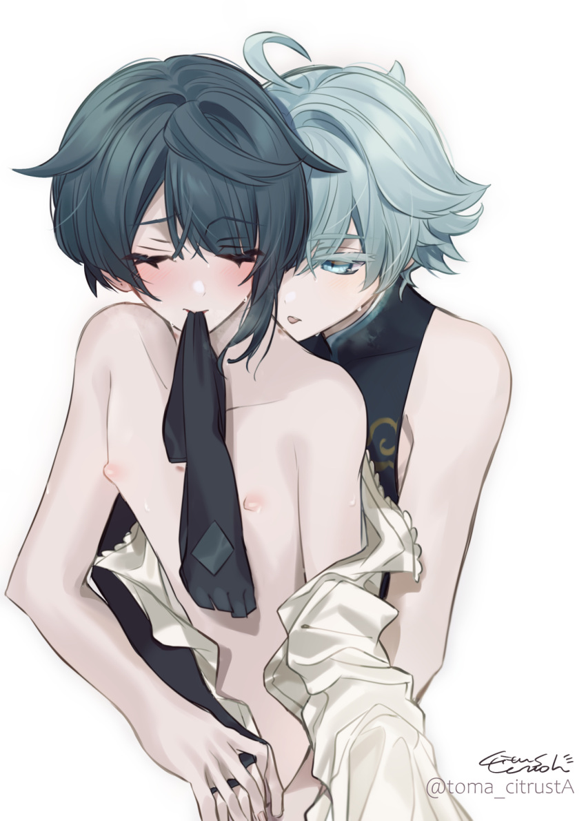 2boys blue_hair blush chongyun_(genshin_impact) closed_eyes clothed clothing cute from_behind from_behind_position gay gay_sex genshin_impact glove_in_mouth gloves nipples submissive submissive_male tongue tongue_out twink xingqiu_(genshin_impact) yaoi