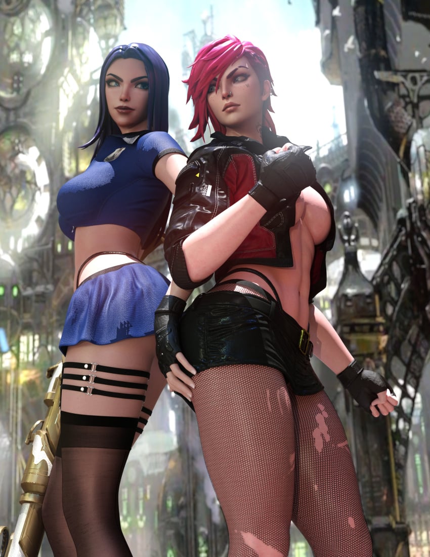 2girls 3d arcane arcane_caitlyn arcane_vi athletic_female blue_hair caitlyn_kiramman canon_couple grabbing_ass human johntwo league_of_legends muscular_female red_hair revealing_clothing skirt vi yuri