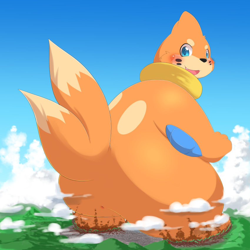 2017 2_tails blush buizel cloud destruction fur hi_res kify looking_back macro male multi_tail nintendo orange_body orange_fur pokémon_(species) pokemon sky stomping video_games