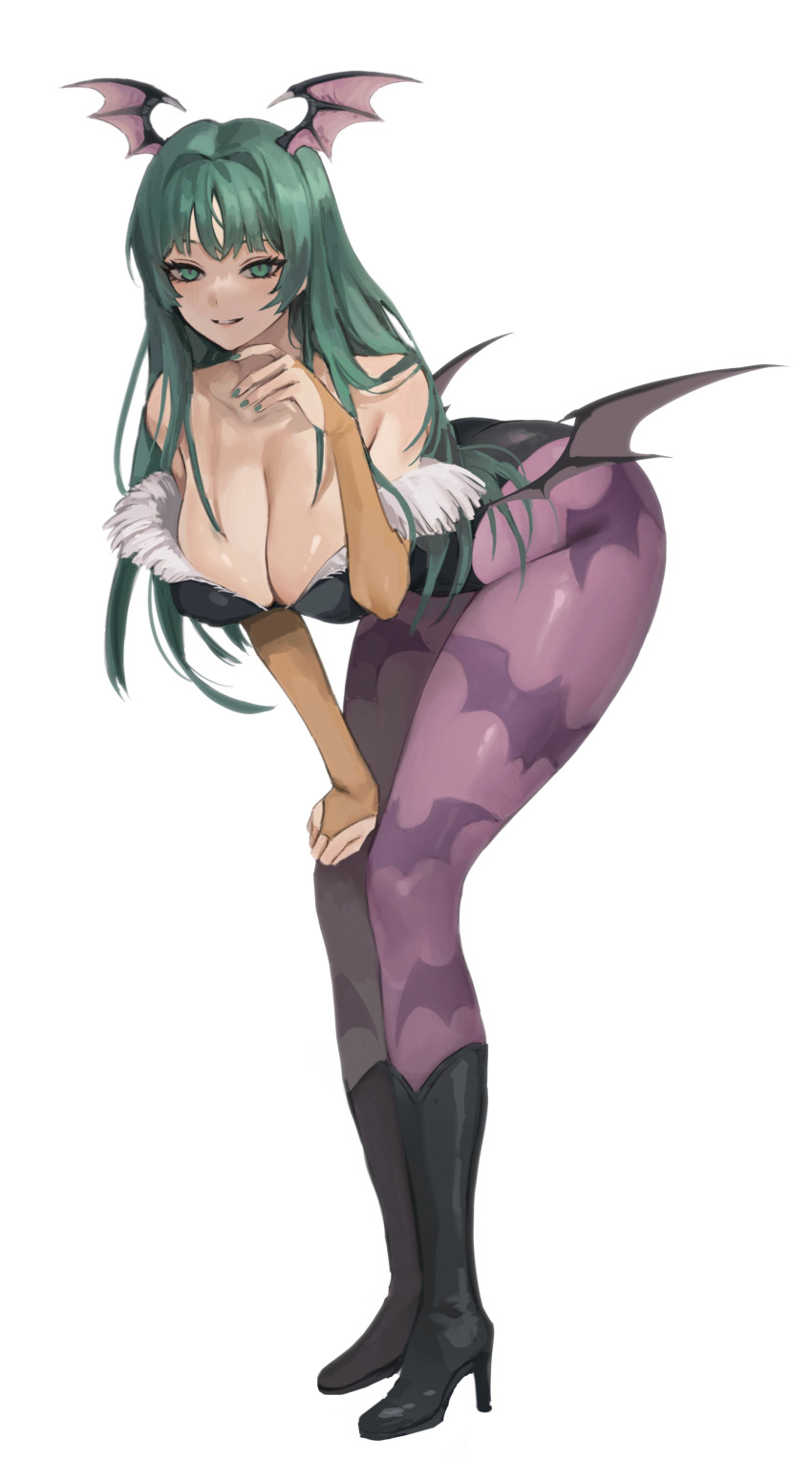 1girls absurd_res armwear bat_print bent_over capcom cleavage clothing darkstalkers demon_wings female female_only fungi_(fungi542/gompang_11) green_eyes green_hair head_wings heel_boots large_breasts leotard light-skinned_female light_skin long_hair looking_at_viewer morrigan_aensland pantyhose pink_pantyhose smiling_at_viewer solo succubus white_background wings