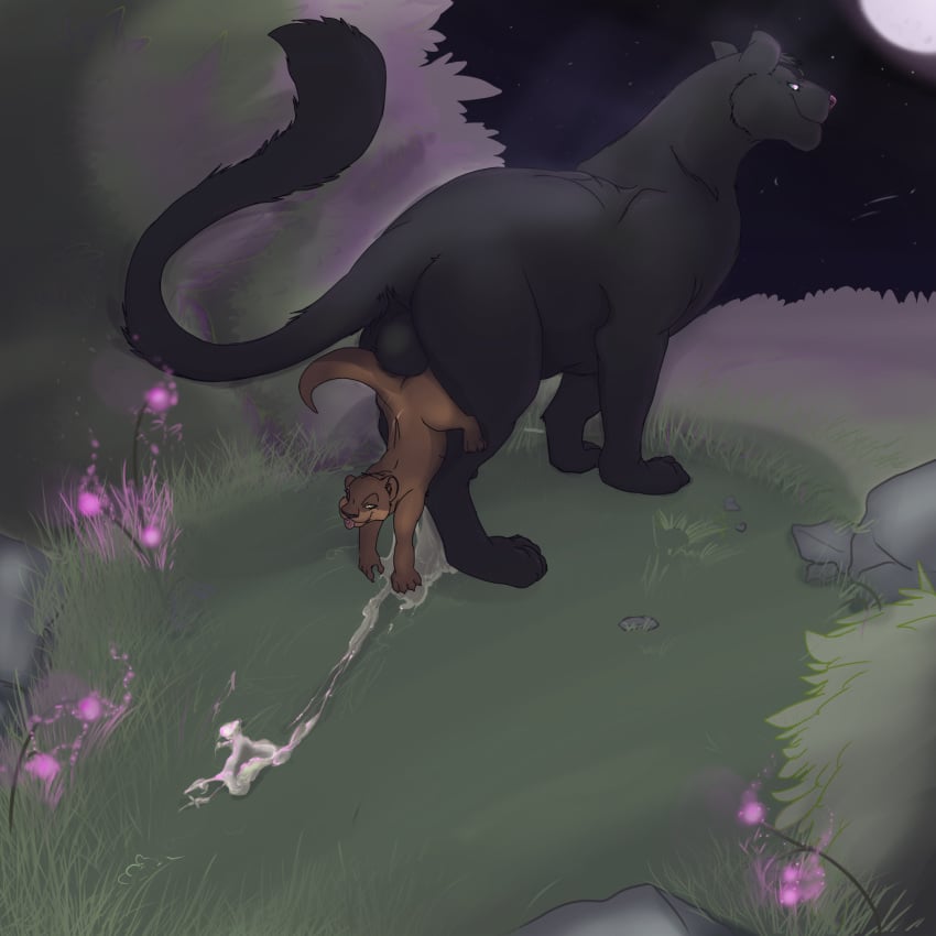 anthro balls black cum dragging father feline female feral_on_feral forest jelomaus knot knot_dragging knotted knotting male moon mustelid night otter panther parent shanaa size_difference tree