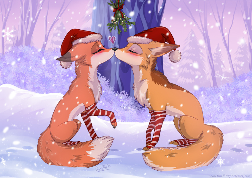 abby abby_(rukifox) blush canine_penis christmas couple dipstick_ears dipstick_tail female fox kissing male male/female mistletoe red_fox rick rick_(rukifox) romantic_couple rukifox santa_hat scar sheath snow socks