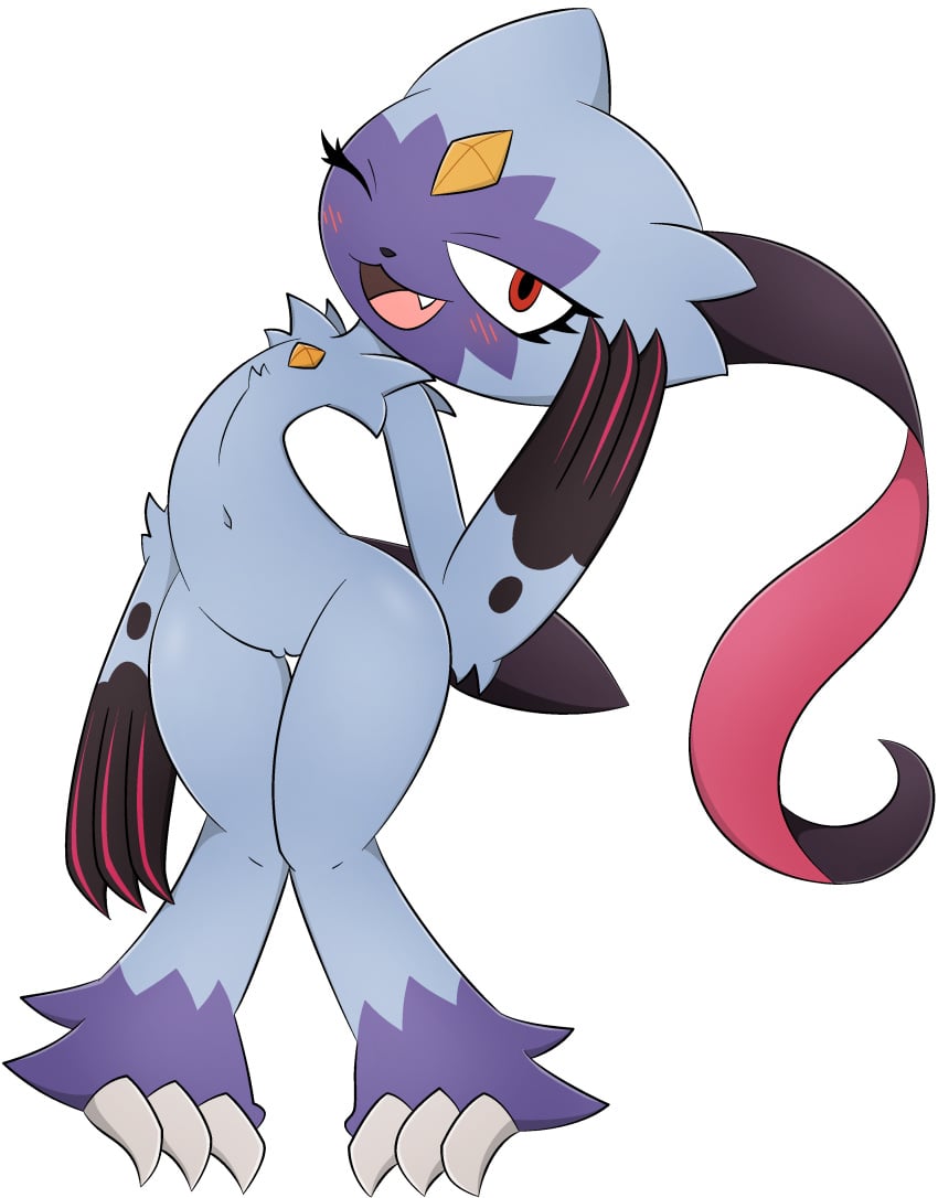 absurd_res alpha_channel blue_body female genitals hi_res looking_at_viewer nintendo nude one_eye_closed open_mouth png pokémon_(species) pokemon pussy simple_background sneasler solo transparent_background video_games zinzoa