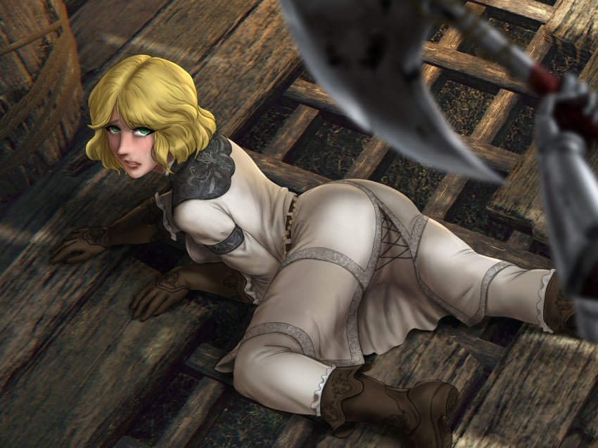 1girls ass ass_focus ayaswan big_ass blonde_hair clothing crying elden_ring female female_only fromsoftware imminent_death imminent_rape light-skinned_female presenting_hindquarters roderika_(elden_ring) tight_clothing