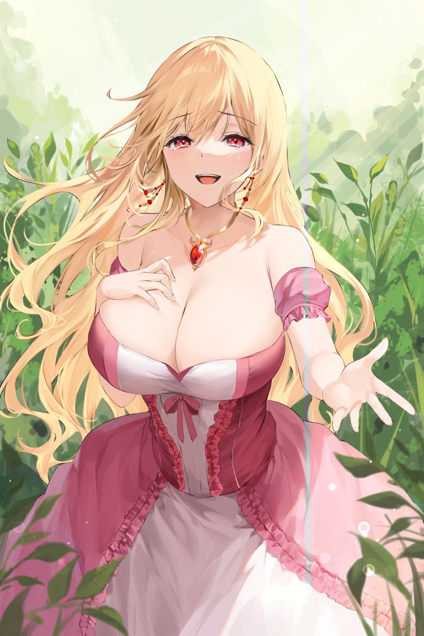 1girls alluring bangs bare_shoulders blonde_female blonde_hair blush breasts busty cleavage curvy dress earrings female female_focus flowing_hair hand_on_breast happy_tears inviting_to_sex jewelry large_breasts lillly long_hair looking_at_viewer necklace open_mouth pink_dress red_eyes revealing_clothes tears upper_body