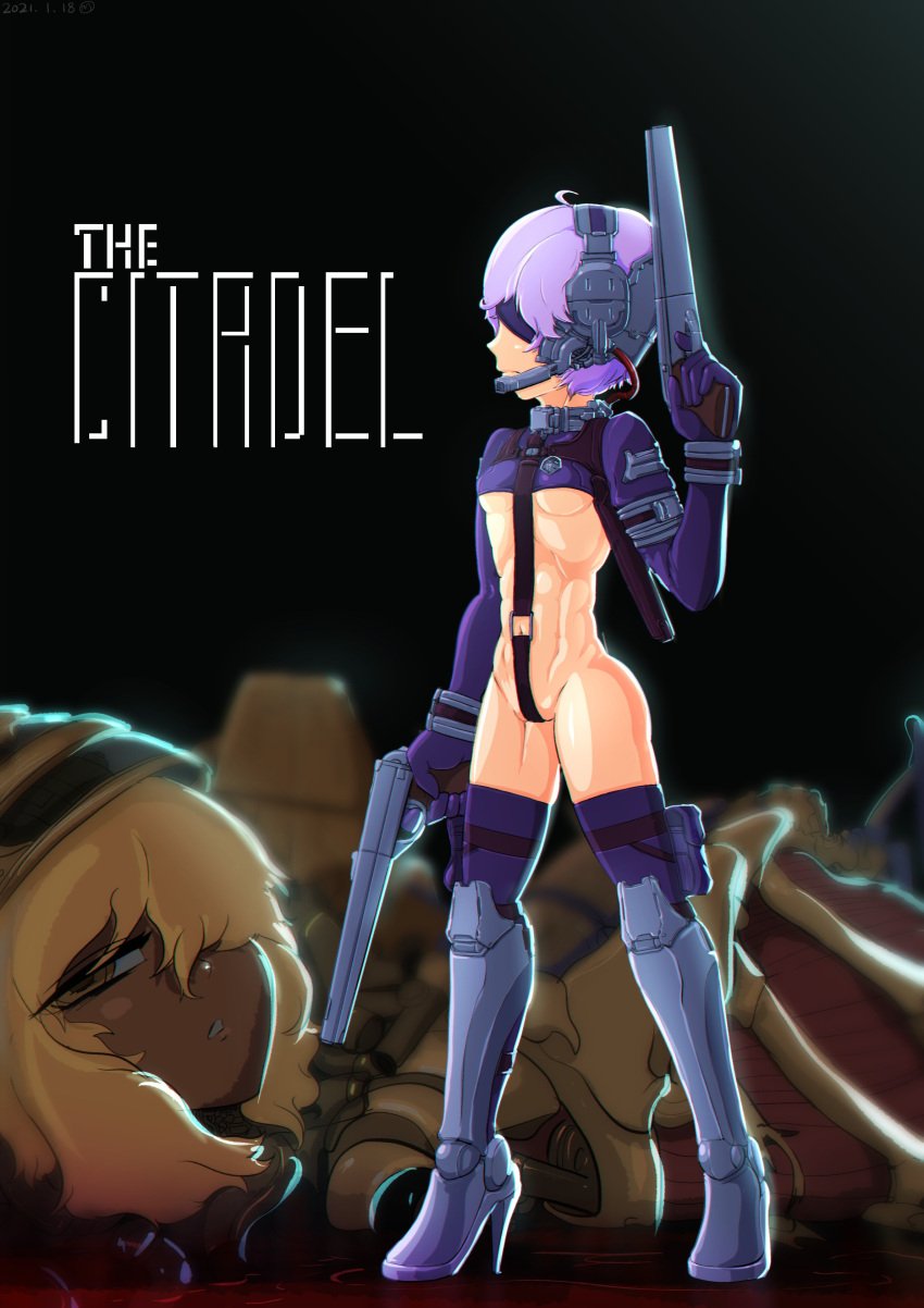 armwear belt casual covering_crotch dual_wielding female firearm footwear handgun handwear headset headwear human legwear neckwear pale_skin purple_hair standing the_citadel the_martyr weapon wristwear