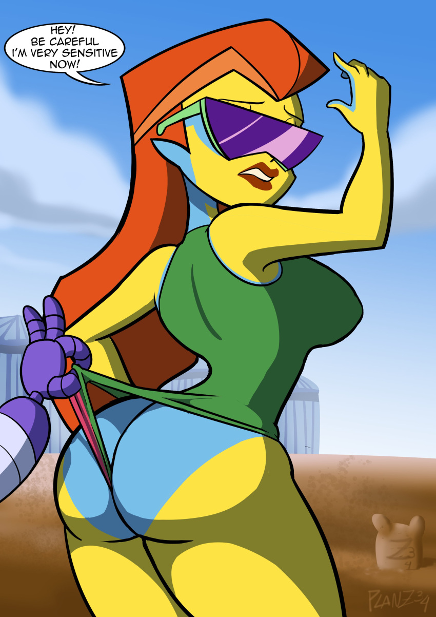 2d alien alien_girl ass beach blue-skinned_female blue_skin breasts buzz_lightyear_of_star_command dialogue disney huge_breasts mira_nova one-piece_swimsuit one_piece_swimsuit pixar planz34 pulling_clothing pulling_swimsuit purple-tinted_eyewear sand sandcastle smooth_skin speech_bubble sunburn sunglasses swimsuit swimwear thick_ass tinted_eyewear xr yellow-skinned_female yellow_skin