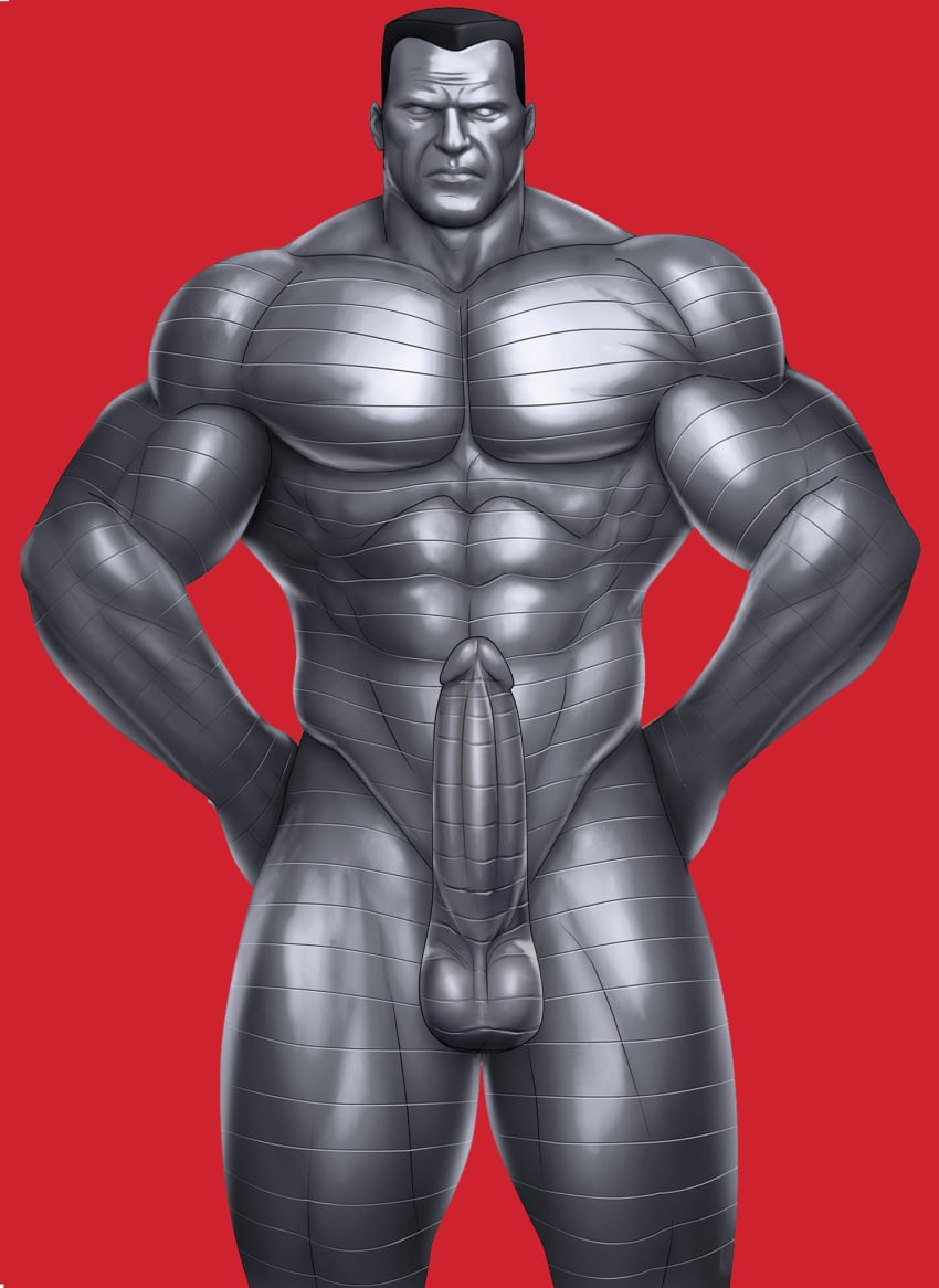 1boy abs balls bara belly_button biceps big_biceps big_chest big_muscles big_pecs big_penis black_hair bodybuilder colossus dark_hair deadpool_(film) defined_muscles drawnpr0n erection flexing hard_on male male_only marvel marvel_comics masculine muscles muscular muscular_male naked naked_male no_nipples nude nude_male pecs penis piotr_rasputin red_background russian silver_eyes silver_skin tall thick_thighs x-men