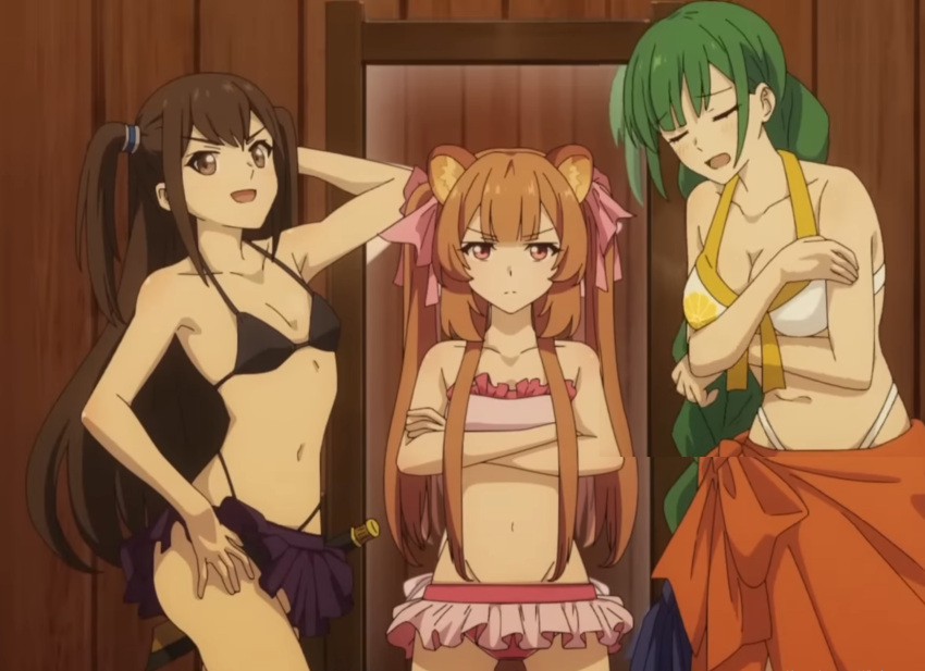 3girls animal_ears bikini female female_only kazayama_kizuna monster_girl multiple_girls raphtalia rishia_ivyred screenshot tagme tate_no_yuusha_no_nariagari the_rising_of_the_shield_hero