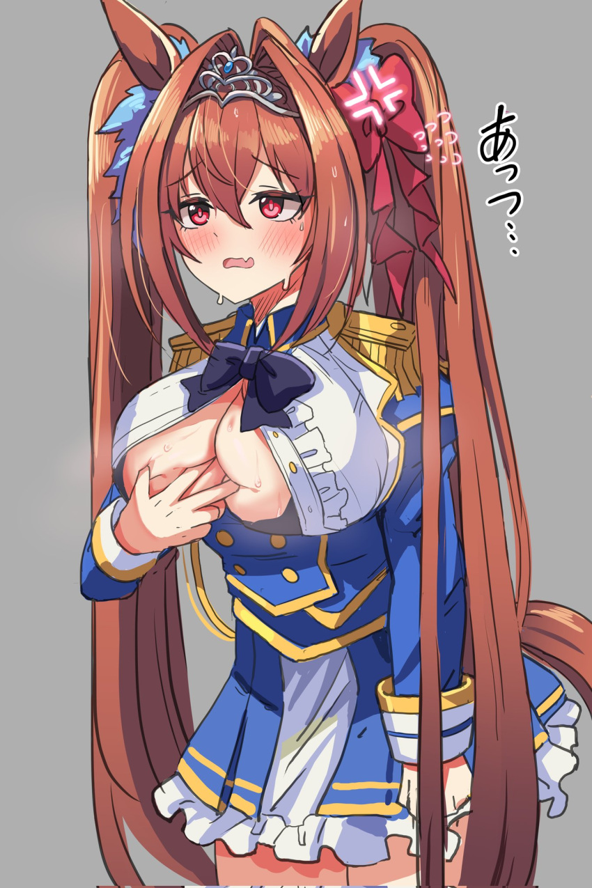 anger_vein animal_ears blush breasts brown_hair cleavage commentary_request daiwa_scarlet_(umamusume) female female grey_background hair_ornament highres horse_ears horse_tail large_breasts long_hair oerba_yun_fang red_eyes solo spread_cleavage sweat sylph_kim tail translation_request twintails umamusume