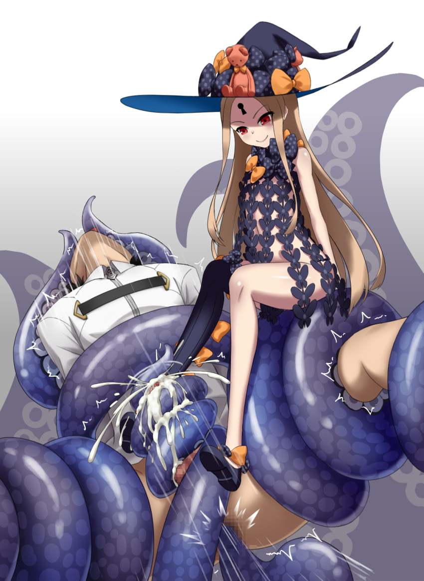 1boy 1girls abigail_williams_(fate/grand_order) adopolich anal anal_sex anus arms_behind_back bigger_male black_pupils bottomless bottomless_male censored censored_anus censored_penis cum fate/grand_order fate_(series) femdom hat long_hair looking_at_penis looking_down male_penetrated mosaic_censoring no_bra no_panties orange_ribbon red_eyes ribbon small_breasts smaller_female tentacle tentacle_sex tentaclejob tentacles thick_thighs thighs