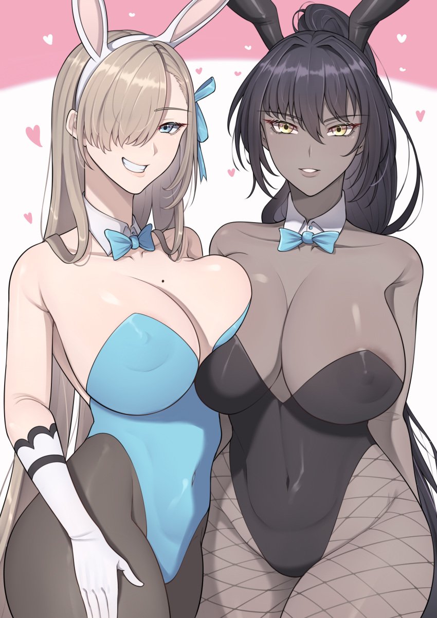 2girls asuna_(blue_archive) asuna_(bunny)_(blue_archive) band-width big_breasts black_hair blonde_hair blue_archive blue_eyes breasts bunny_ears bunny_girl bunnysuit busty curvaceous curves curvy curvy_body curvy_female curvy_figure female female_focus huge_breasts karin_(blue_archive) karin_(bunny)_(blue_archive) large_breasts mole mole_on_breast multiple_girls smile smiling smiling_at_viewer voluptuous