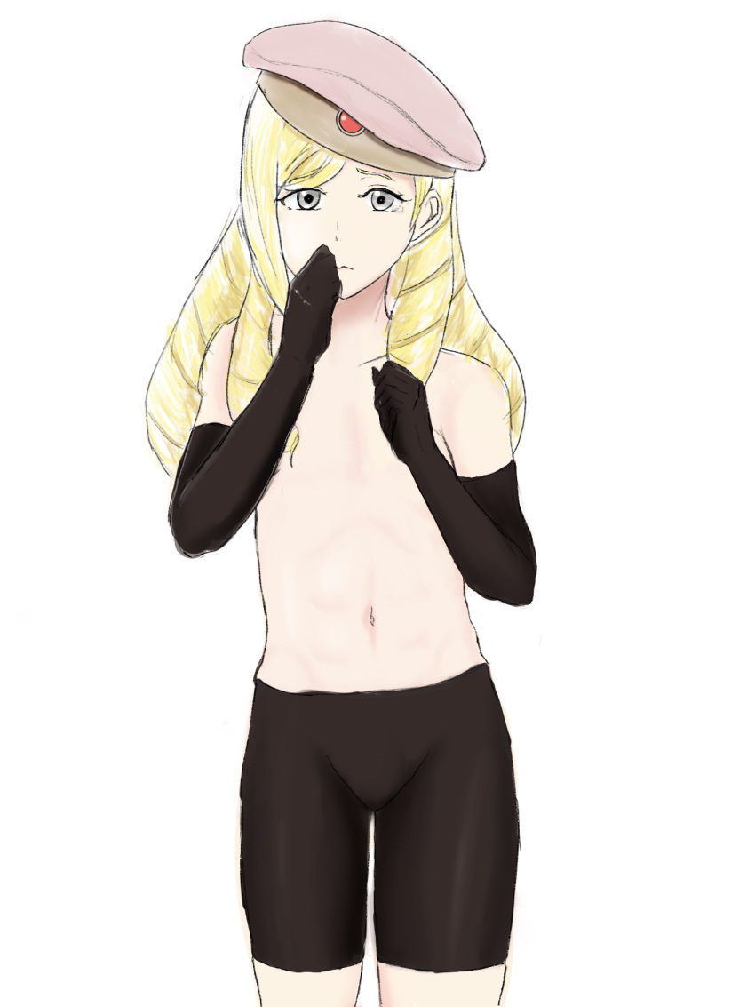 1boy blonde_hair elbow_gloves fee femboy fire_emblem fire_emblem_fates forrest_(fire_emblem) frown gloves grey_eyes hat long_hair looking_at_viewer male male_only nintendo shorts solo topless white_background