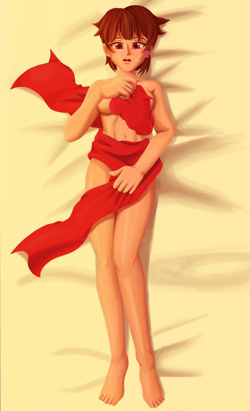 bed beret big_breasts brown_hair carmen embarrassed embarrassed_female embarrassed_nude_female españa español espana female goddess horny horny_female innocent mari maria maria_del_carmen mariica navarra nude_female red_beret red_eyes red_sash sash spanish sweatdrop sweating virtual_youtuber vtuber young