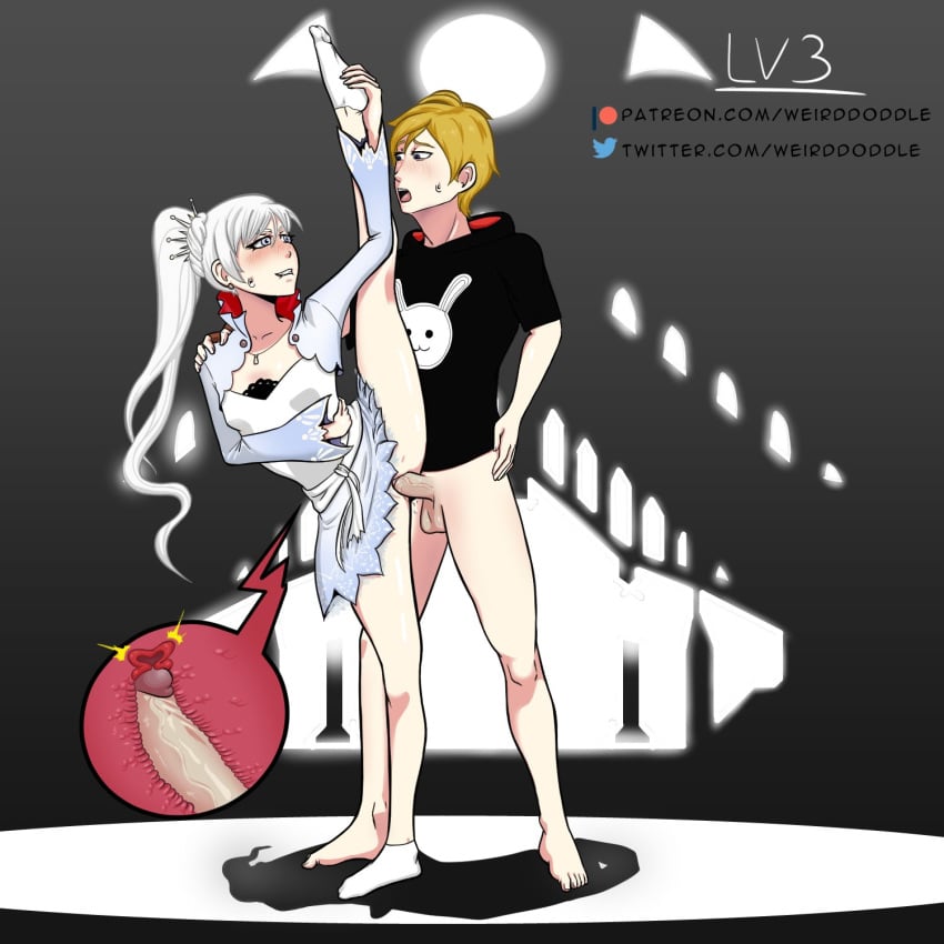 1boy 1boy1girl 1girls blonde_hair female jaune_arc male rwby sex straight vertical_splits weirddoddle weiss_schnee white_hair