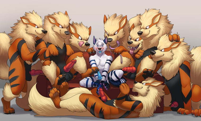 absurd_res anthro arcanine arctic_fox balls big_penis blizzard_(blizzyfox) blush canid canine collar feral fox furniture genitals group hi_res imminent_sex knot leash male male/male mammal milkshakefrappucino nintendo pokemon pokemon_(species) sofa video_games