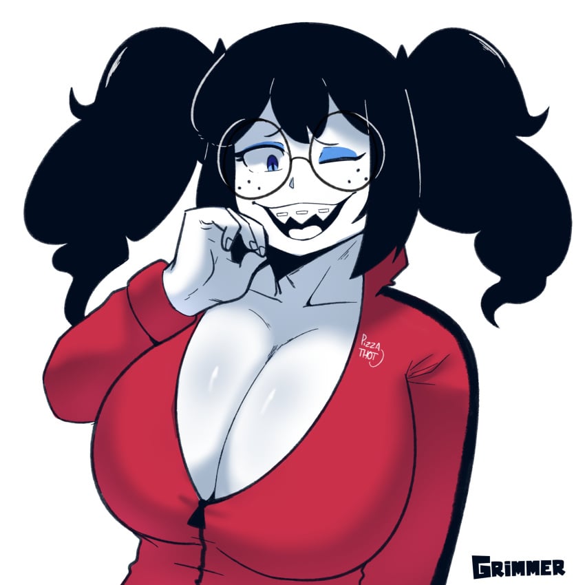 big_breasts black_hair blue_mascara breasts cleavage glasses grimmer huge_breasts jacket mascara pizza_thot sharp_teeth tips_(gats) zipper_down