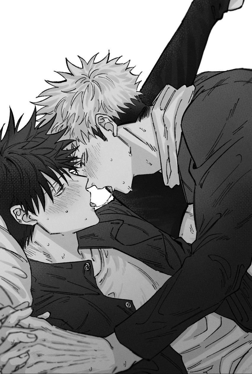 2boys after_kiss bangs bed blush buttons eye_contact facial_mark fushiguro_megumi fushirun_rung gay hair_between_eyes half-closed_eyes holding_hands hood hoodie imminent_sex interlocked_fingers itadori_yuuji itafushi jacket jujutsu_kaisen leg_grab leg_up long_sleeves looking_at_another lying male male/male male_focus male_only monochrome multiple_boys on_bed open_clothes open_jacket pillow saliva saliva_trail school_uniform shirt short_hair spiked_hair stirrup_legwear sweat toeless_legwear tongue tongue_out undercut yaoi