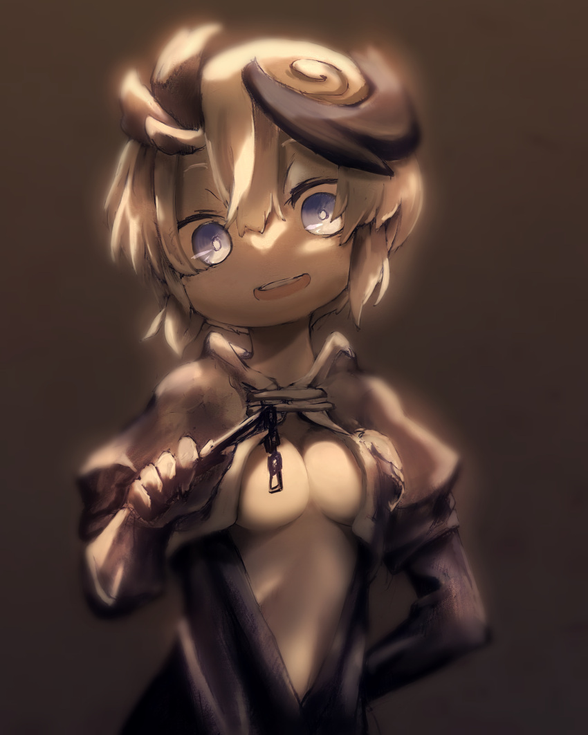 ahoge bodysuit cleavage female female_only jumpsuit looking_at_viewer made_in_abyss marunomi medium_breasts no_bra open_clothes restricted_palette revealing_clothes short_hair smile solo tepasté underboob