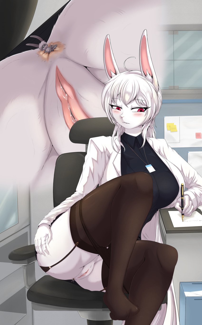 2022 5_fingers absurd_res anal anal_vore anthro anus blush clothed clothing digital_media_(artwork) duo eyebrows eyelashes female female_pred fingers fountain_pen genitals giantess hair hi_res lagomorph legwear leporid mammal micro pussy rabbit son2j vore white_hair