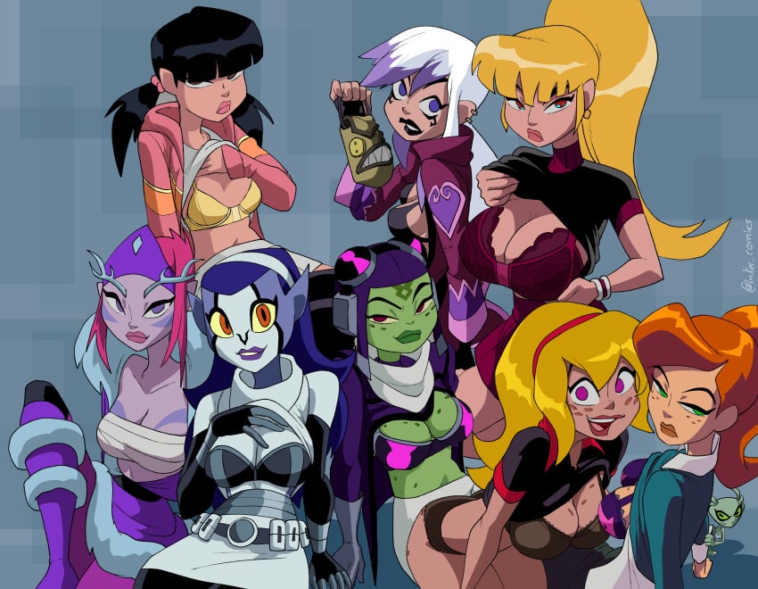 8girls alien_girl attea ben_10 ben_10_omniverse black_hair blonde_hair blue_hair cartoon_network charmcaster colored coolerinker ester ester_(ben_10) female female_only galvan galvan_(ben_10) gwen_tennyson gwen_tennyson_(omniverse) incursean inker_comics inkershike julie_yamamoto kraaho lenopan lifting_shirt lucy_mann luhley_(ben_10) mazuma multiple_girls presenting red_hair revonnahgander rook_shar sarashi