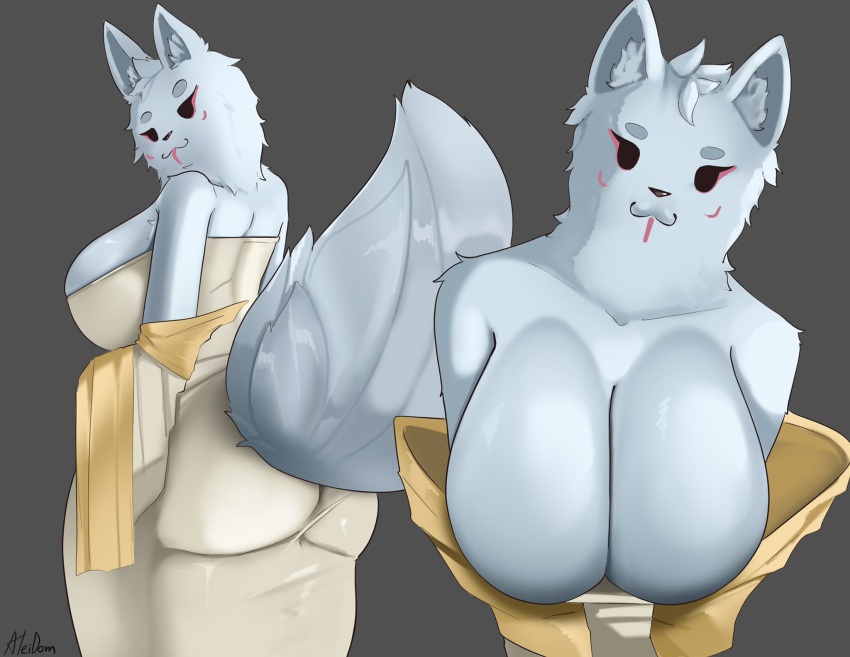 aleidom anthro ass big_breasts big_butt breasts canid canine facial_markings female grey_background head_markings hi_res huge_breasts looking_at_viewer looking_back looking_back_at_viewer mammal markings simple_background solo