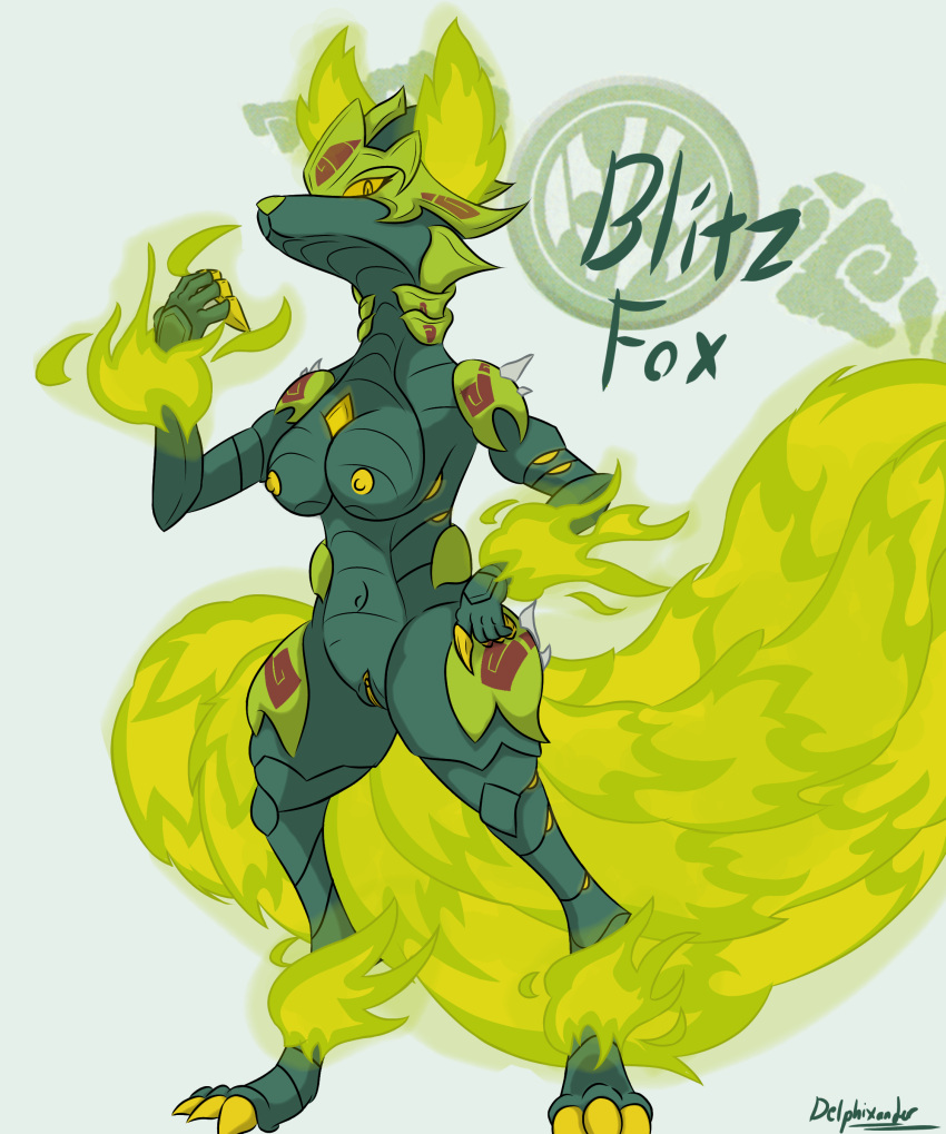 absurd_res anthro armor blitz_fox_(bakugan) breasts canid canine colored_fire delphixander digitigrade female fire fox genitals green_fire hi_res looking_at_viewer mammal pussy simple_background solo text yellow_eyes