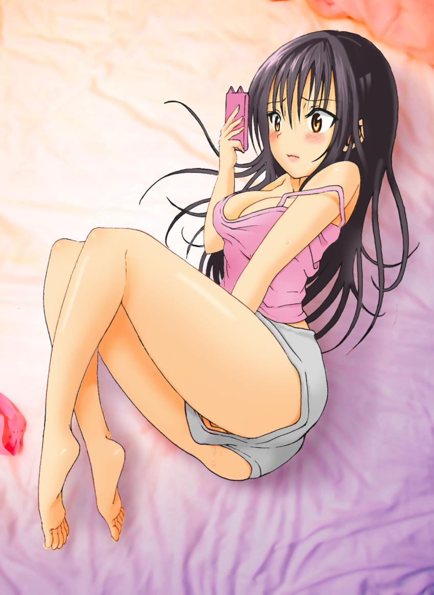 1girls bedsheets big_breasts black_hair blush breasts cellphone clothed clothed_masturbation clothing female fingering fingering_self kotegawa_yui large_breasts long_hair masturbation masturbation_through_clothing pussy_juice shorts to_love-ru yuikawa_lever