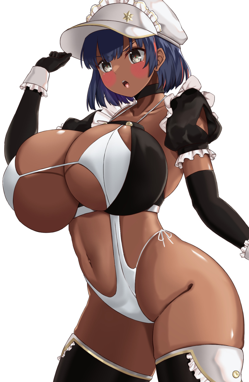 1girls 2022 aether_foundation_employee aether_foundation_employee_(female) alternate_breast_size barely_contained black_hair blush breasts brown_skin dark-skinned_female dark_skin female female_aether_foundation_employee female_only hat hi_res hips hizakake huge_breasts maid_bikini massive_breasts nintendo pokemon pokemon_sm revealing_clothes short_hair thick_thighs thighs wide_hips