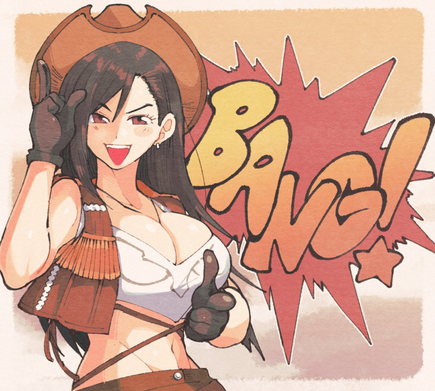 belly belly_button big_breasts breasts cleavage cowboy_hat cowgirl cowgirl_outfit earrings female final_fantasy final_fantasy_vii fit gloves inkuusan large_breasts solo solo_female tifa_lockhart tummy wild_west