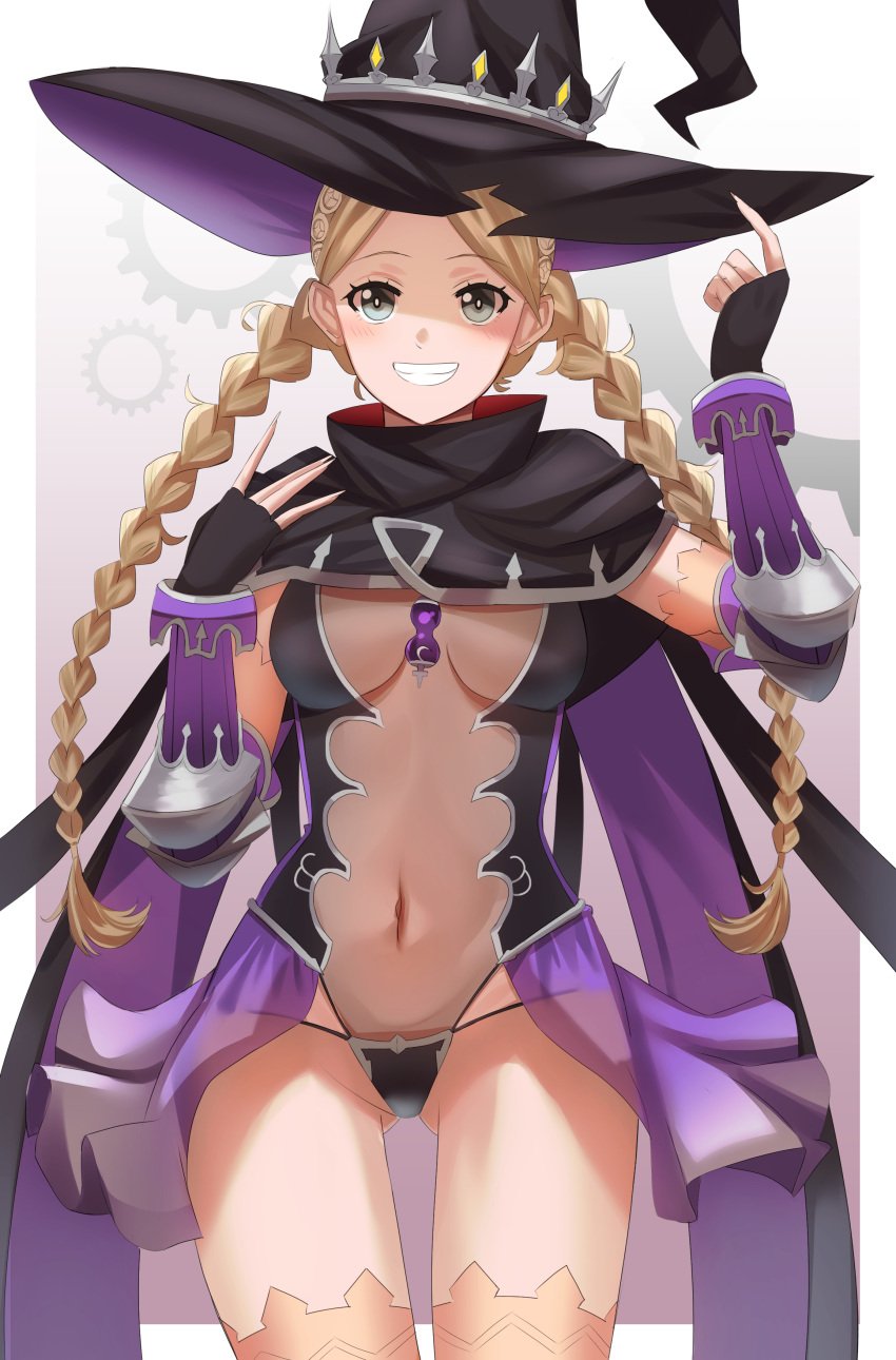 1girls absurdres alternate_costume ass_visible_through_thighs bangs black_gloves black_panties black_underwear blonde_hair blue_eyes bodystocking braid breasts capelet center_opening commission cosplay covered_navel daweykun female female_only fingerless_gloves fire_emblem fire_emblem_fates gears gloves hat highleg highleg_leotard highres hilda_(stella_glow) hilda_(stella_glow)_(cosplay) leotard long_hair looking_at_viewer medium_breasts nina_(fire_emblem) nintendo non-web_source panties pantyhose parted_bangs revealing_clothes simple_background smile solo stella_glow thigh_gap thighhighs twin_braids underwear upper_body witch_hat