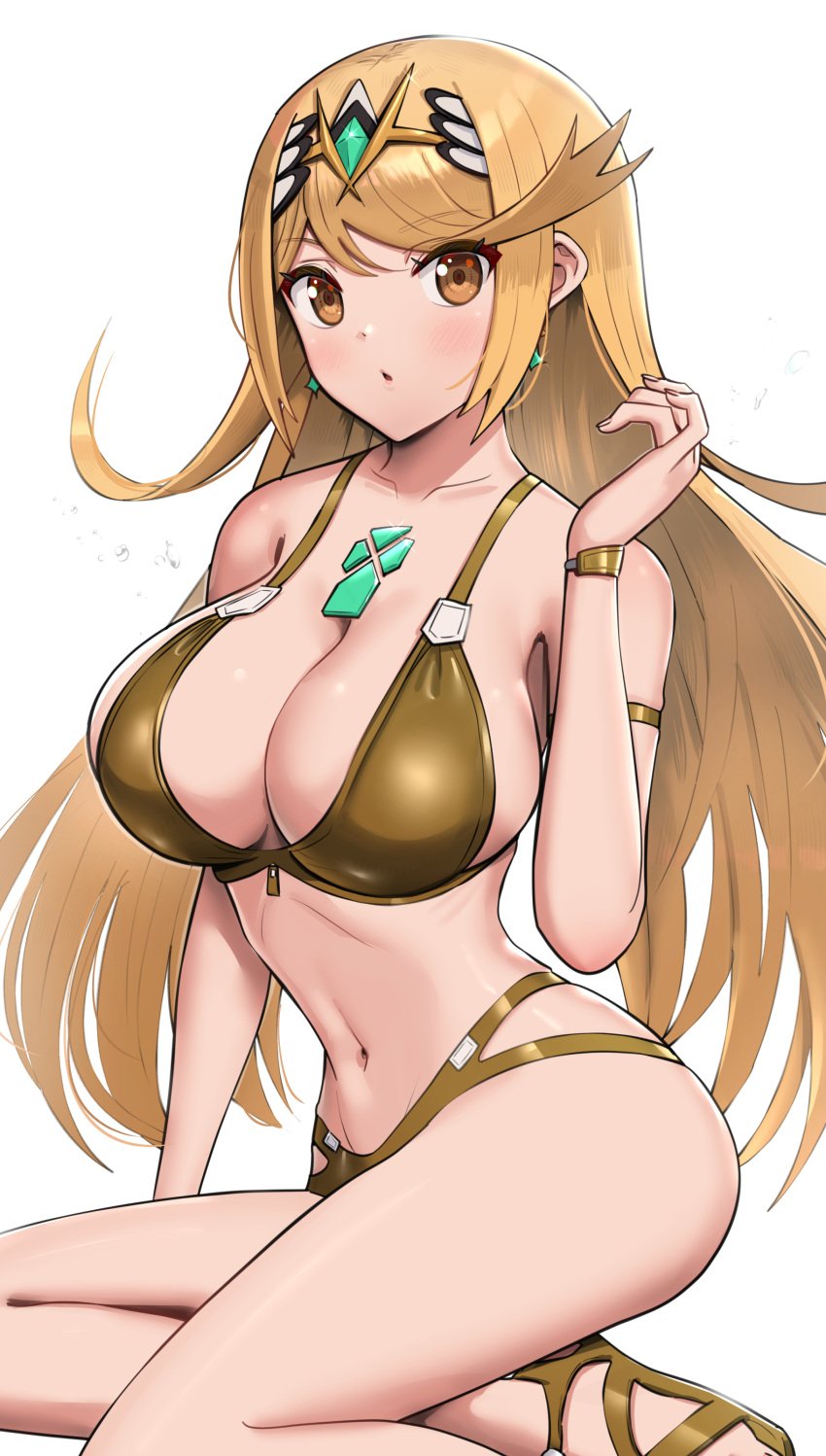 1girls 2022 :o bangs big_breasts bikini blonde_hair blush breasts cleavage clothed female female_focus female_only gold_eyes golden_bikini golden_swimsuit gonzarez hi_res hips huge_breasts long_hair looking_at_viewer mythra nintendo simple_background slim_waist swept_bangs swimsuit thighs white_background xenoblade_(series) xenoblade_chronicles_2