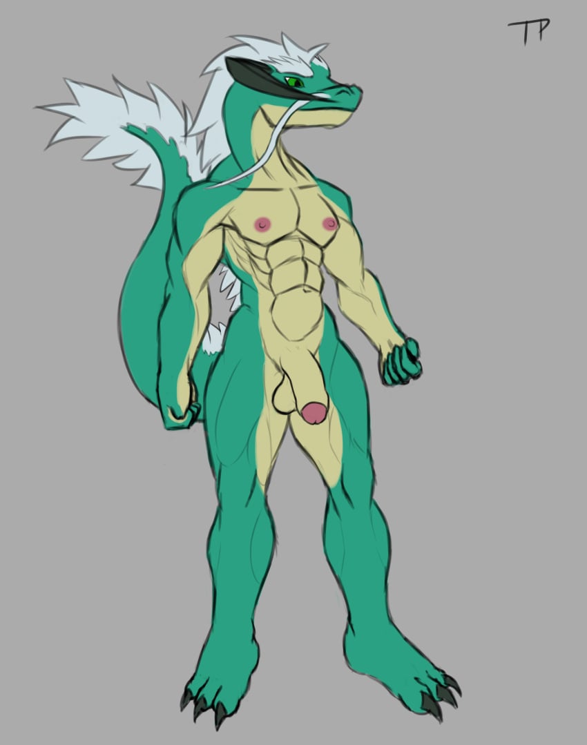 2022 3_toes abs absurd_res alternate_form alternate_species anthro asian_mythology athletic athletic_anthro athletic_male biped dragon east_asian_mythology eastern_dragon feet flaccid genitals green_body green_eyes green_scales grove_(game) grove_(regalbuster) hi_res humanoid_genitalia humanoid_penis long_tail male mythology nude pecs penis plantigrade scales solo tan_body tan_scales testowepiwko toes video_games