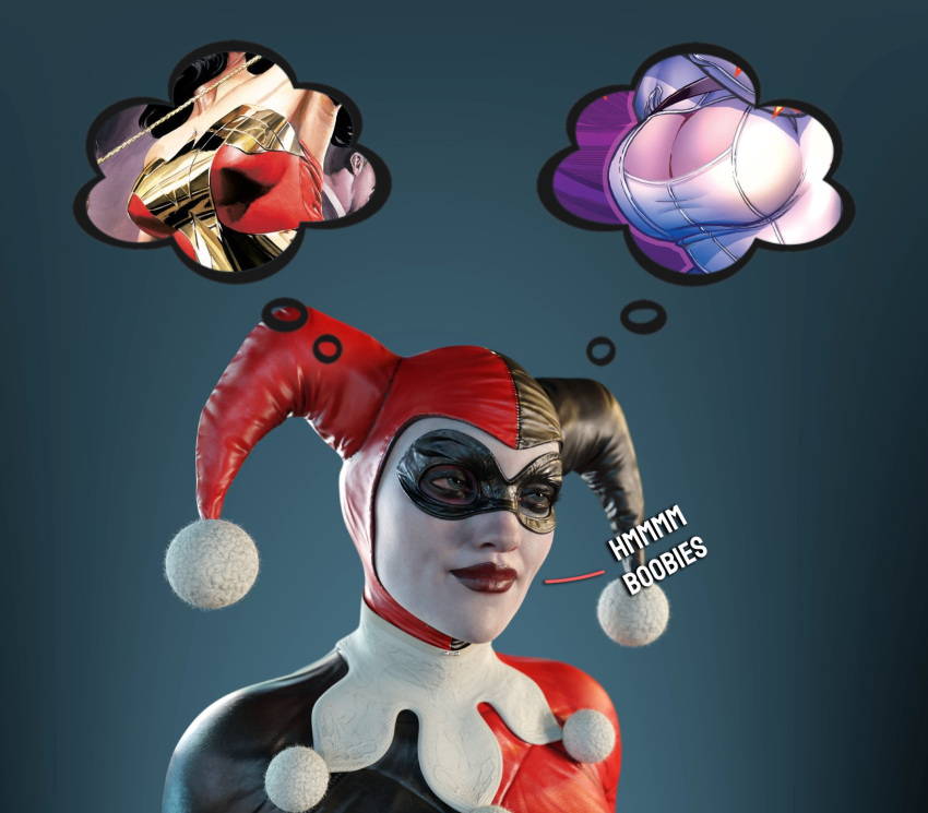 1girls 3d batman:_arkham_knight batman_(series) big_ass big_breasts cleavage cleavage_cutout dc dc_comics fantasizing female female_focus female_only fully_clothed harley_quinn harley_quinn_(classic) harley_quinn_(injustice) injustice_2 kara_zor-l lesbian_thoughts meme power_girl smile smitty34 solo superman_(series) text thought_bubble tight_clothing wonder_woman wonder_woman_(series) yuri yuri_thoughts